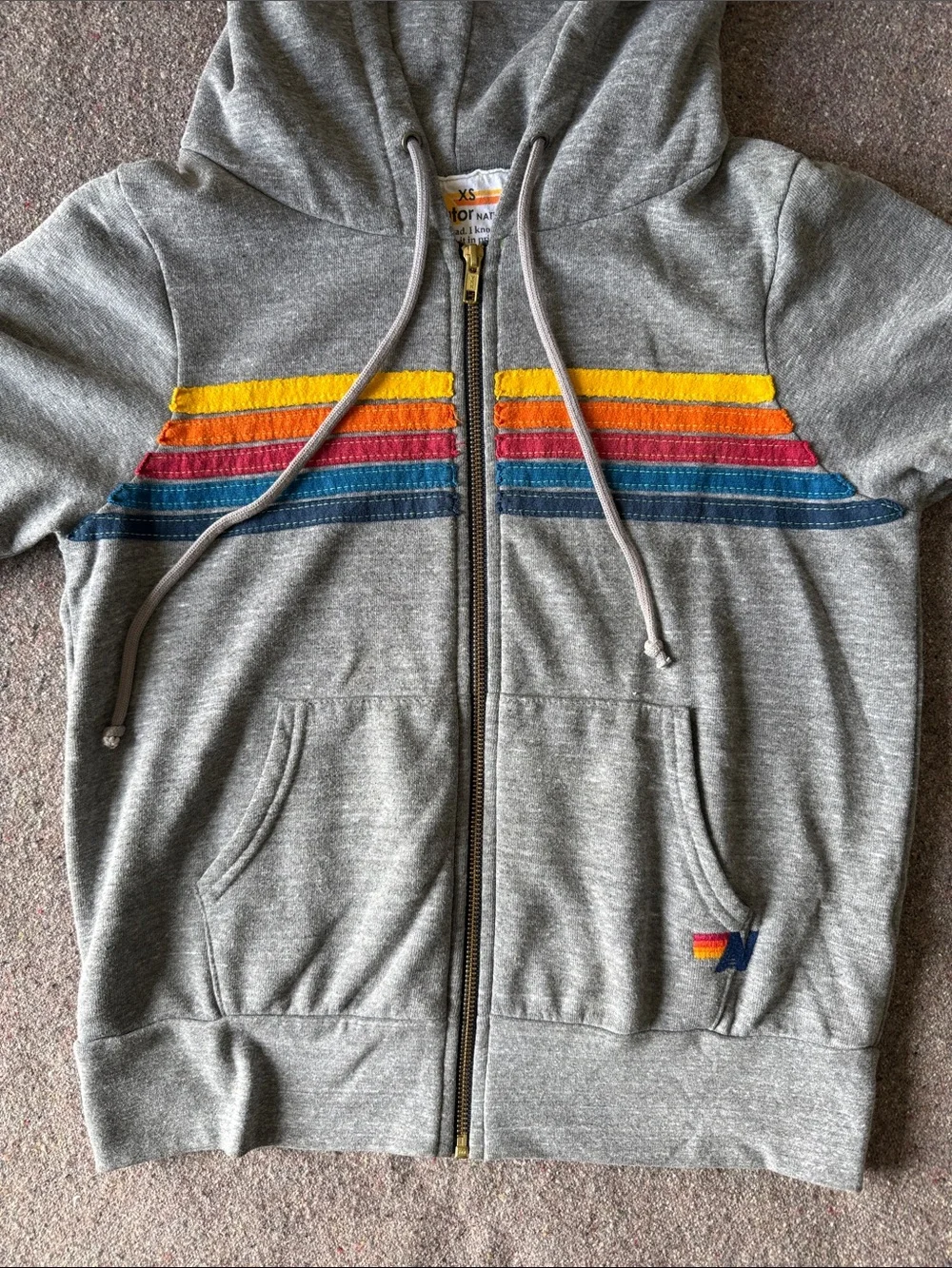 Aviator Nation Grey Zip-Up Hoodie with Yellow, Orange, Red and Blue Stripes (XS) - Picture 3 of 10